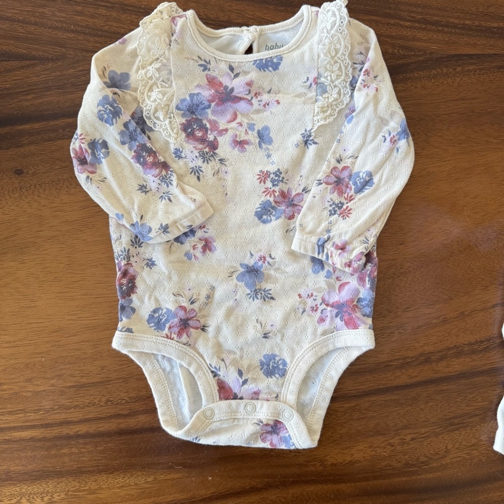 OshKosh B’gosh Cream Blue Purple Floral Lace Long Sleeve Bodysuit 12M